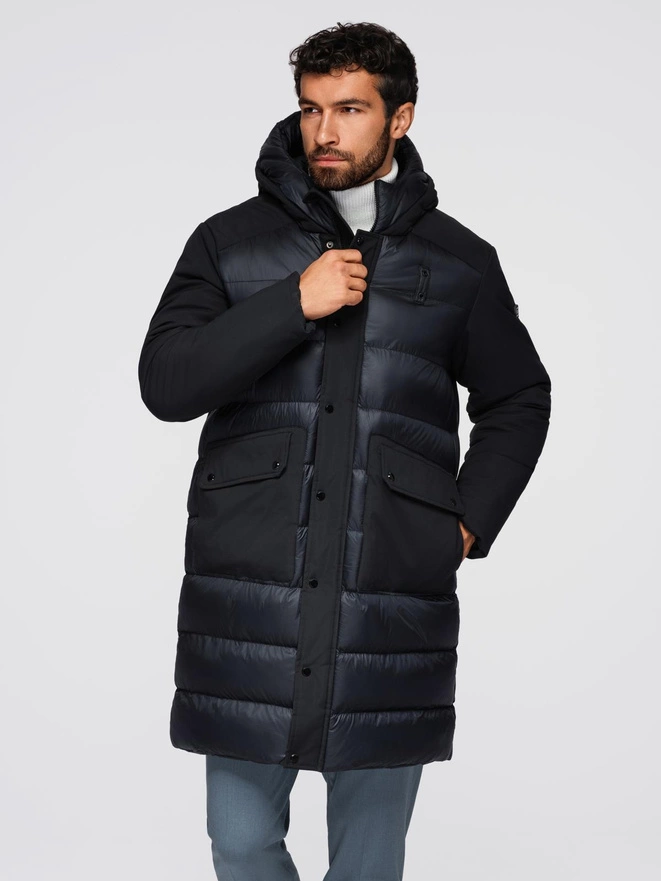 Men's long quilted jacket with large pockets - black V1 OM-JALJ-0308