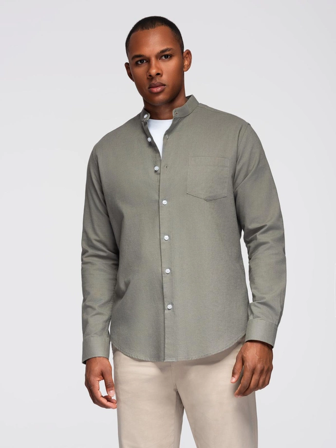 Men's linen shirt with stand-up collar and pocket REGULAR FIT - khaki V6 OM-SHCS-0161