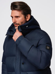 Men's quilted jacket with high zipped hood - navy blue V2 OM-JAHP-0238