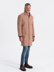 Single-breasted men's long coat with collar and bolster - brown V2 OM-COWC-0106