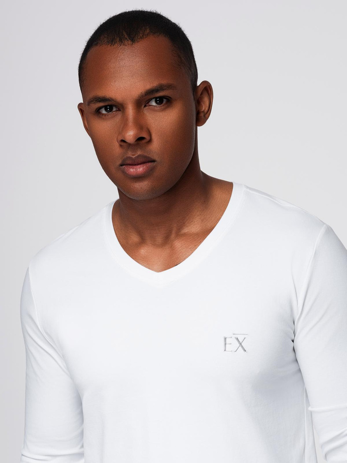 Pánske tričko SLIM FIT s dlhým rukávom do V s elastanom a potlačou - biele V2 OM-LSBC-0123