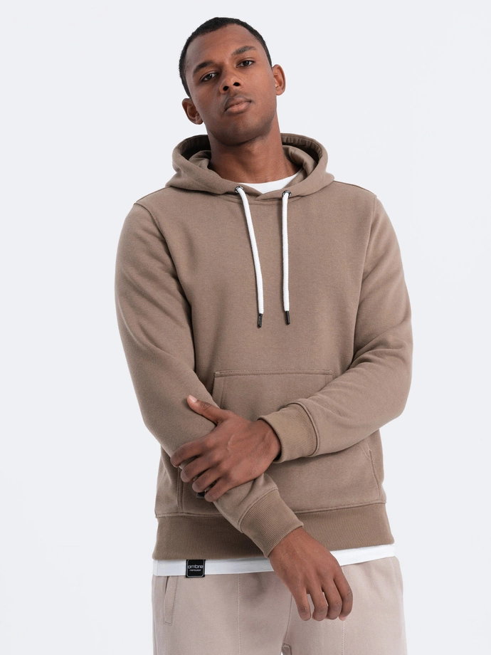 Men's non-stretch hooded sweatshirt - light brown V8 OM-SSBN-0120