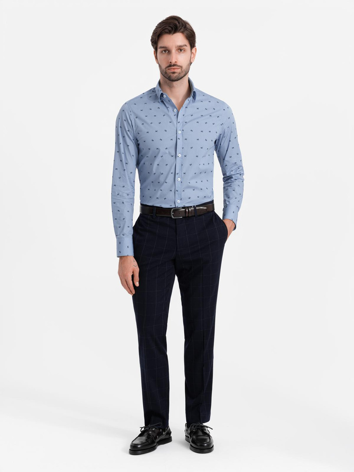 Vyriški klasikiniai medvilniniai SLIM FIT marškiniai su krabais - šviesiai mėlyni V6 OM-SHCS-0156