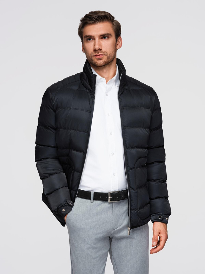 Men's quilted jacket with gloss and stand-up collar - black V1 OM-JALP-0218