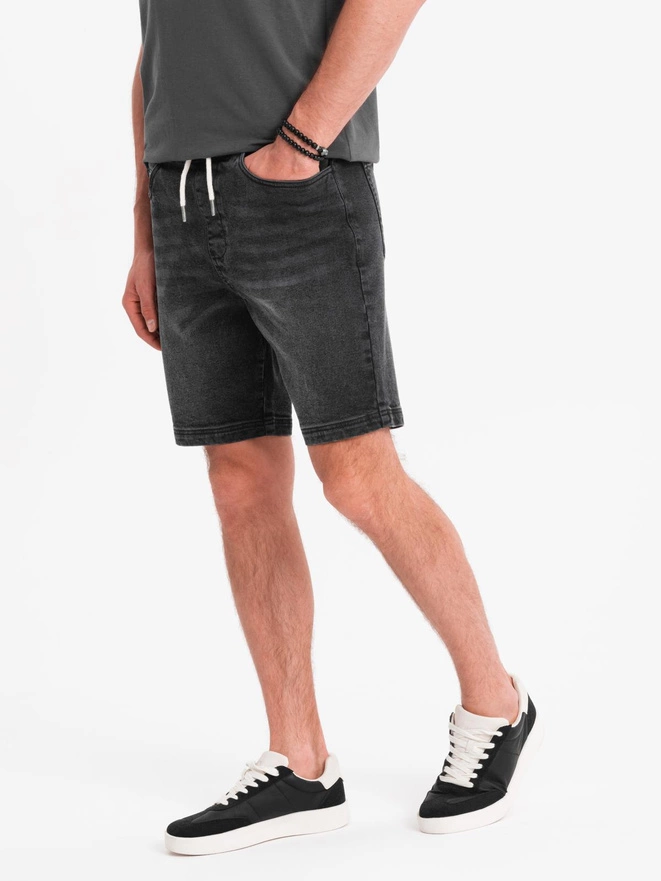 Men's shorts with elastic waistband and wash effect - black V4 OM-SRDS-0192