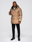Men's long puffer jacket with snap pockets - brown V2 OM-JALJ-0186