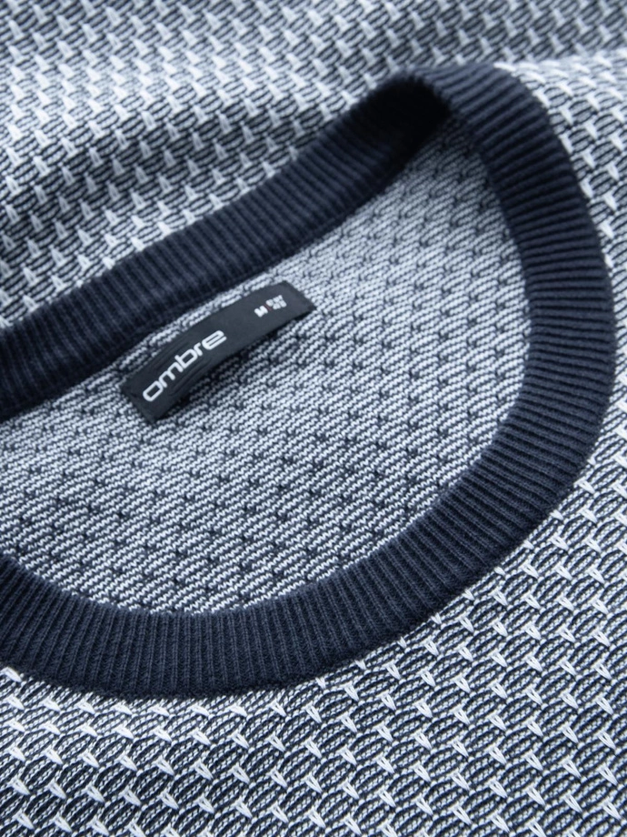 Knitted men's RELAXED FIT sweater with patterns - navy blue V1 OM-SWSW-0111