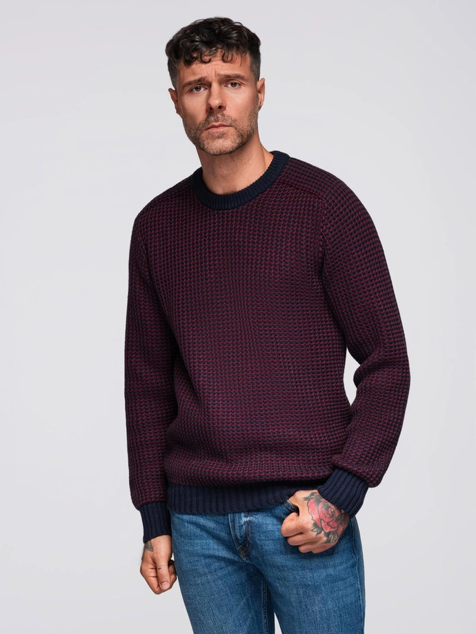 Men's contrast weave sweater with round neckline - maroon V1 OM-SWSW-0122