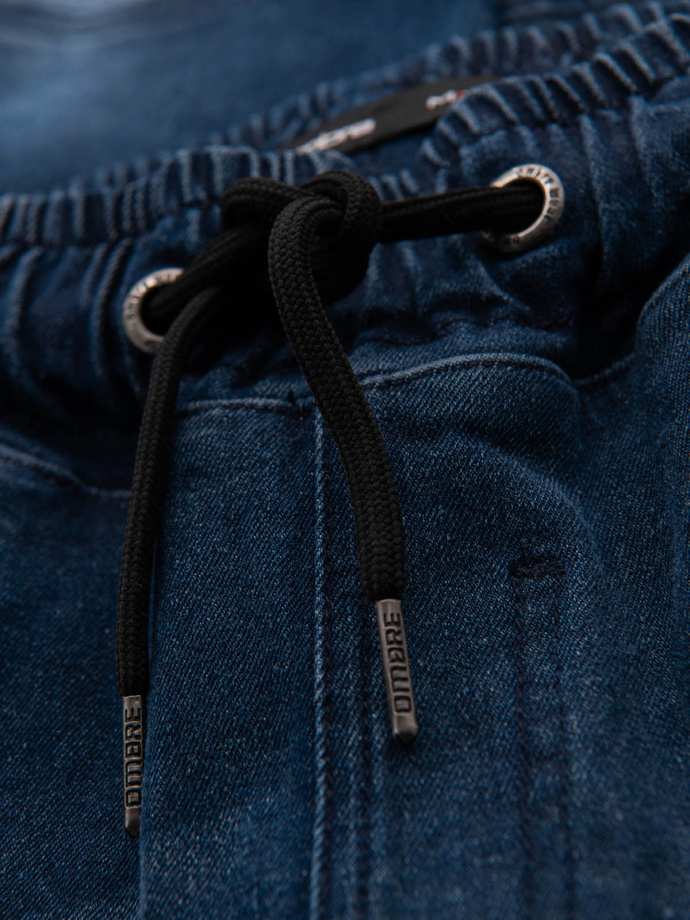 Pantaloni jogger din denim pentru bărbați cu rupturi și fermoare - albastru închis V1 OM-PADJ-0243