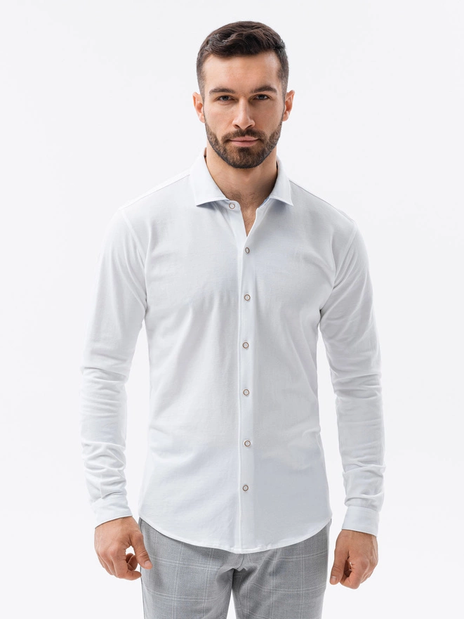 Pánske pletené tričko SLIM FIT s dlhým rukávom - biele V1 OM-SHCS-0177