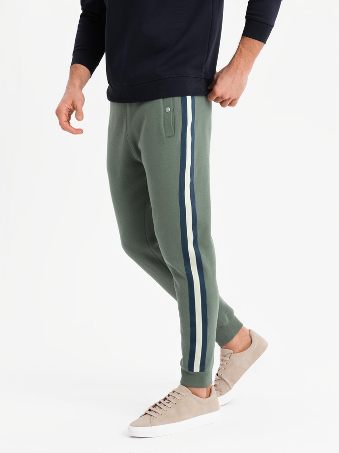 Men's sweatpants with piping and leg ribbing - olive V2 OM-PASK-0258