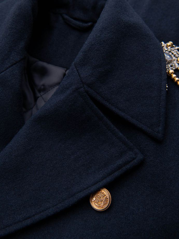 Men's double-breasted coat with wool and decorative shoulder applications - V1 navy blue OM-COWC-0150