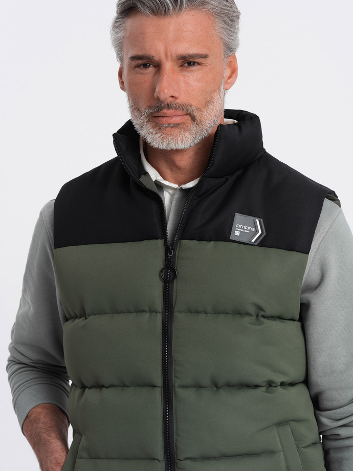 Men's quilted sleeveless jacket in contrasting colors - olive V4 OM-JAVJ-0161