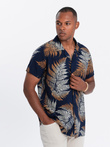 Men's patterned viscose shirt with short sleeves - fern V3 OM-SHPS-0113