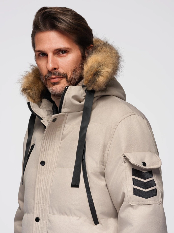 Men's long warm parka jacket with hood - beige V5 OM-JALJ-0182