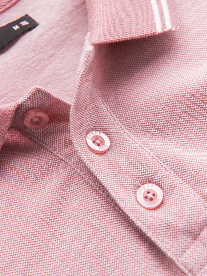 Men's melange polo longsleeve with embroidery - pink melange V2 OM-POLS-0129