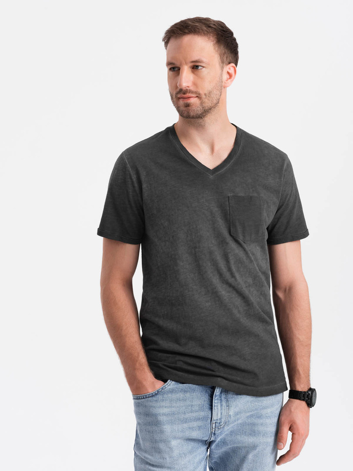 Men's brindle V-neck t-shirt with pocket - black V6 OM-TSCT-22SS-002