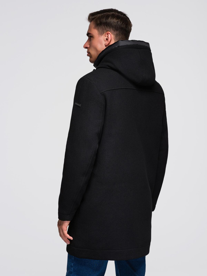 Men's parka coat with wool and hood - black V1 OM-COWC-0132