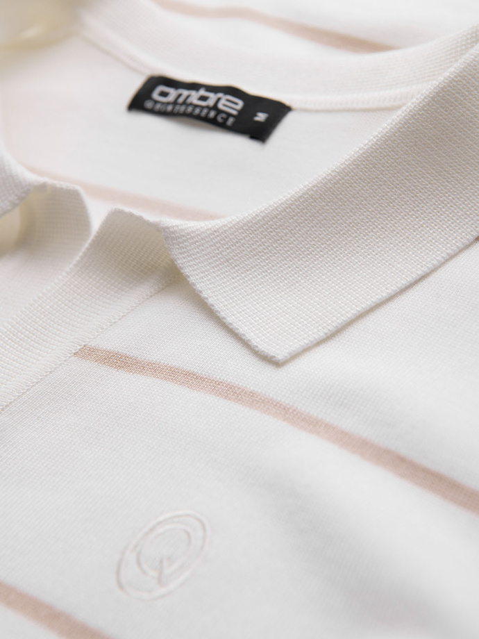 Pánska polokošeľa s dlhým rukávom a vodorovným pruhom z viskózy - biela a béžová V4 OM-POLS-0146