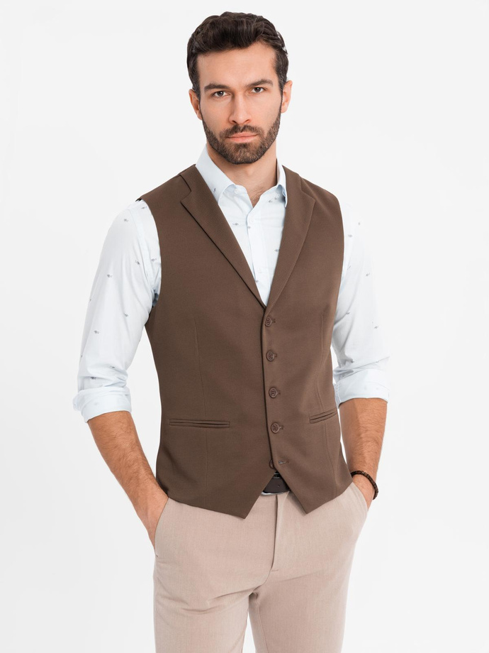 Fitted men's structured knit vest with lapels - brown V2 OM-BLZV-0144