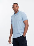 Men's melange polo shirt with striped collar - blue V3 OM-POSS-0109