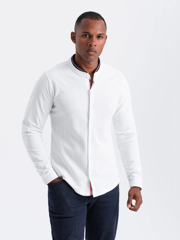 Men's SLIM FIT cotton shirt with stand-up collared colored stripes - white V1 OM-SHCS-0178