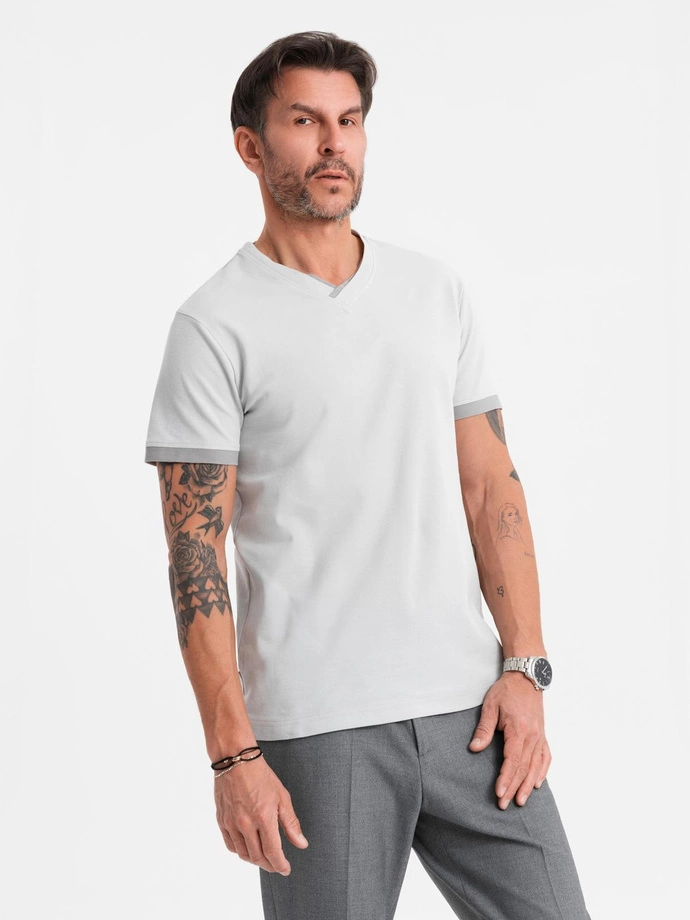 Men's T-shirt with contrasting inserts and crew neckline - light grey V4 OM-TSCT-0198