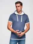 Men's hooded cotton t-shirt - dark blue melange V12 OM-TSCT-0256