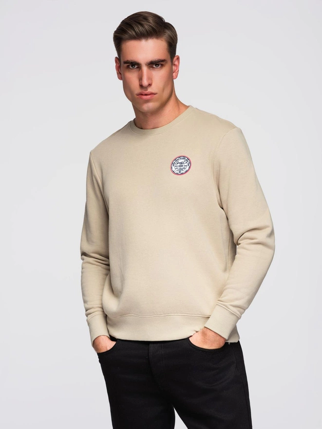 Men's non-stretch sweatshirt with college style patch - sand V3 OM-SSNZ-0134