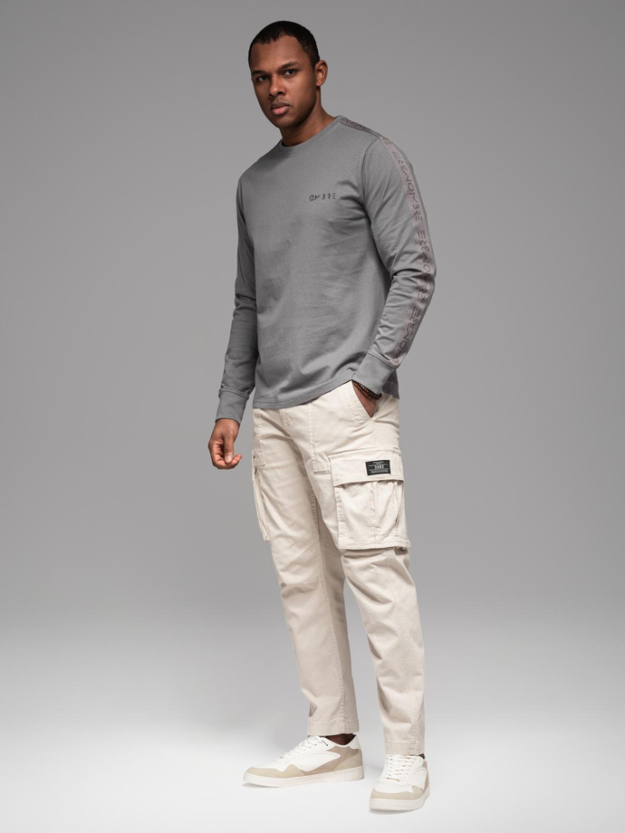 Men's cotton U-neck longsleeve with piping and chest print - grey V5 OM-LSCL-0127