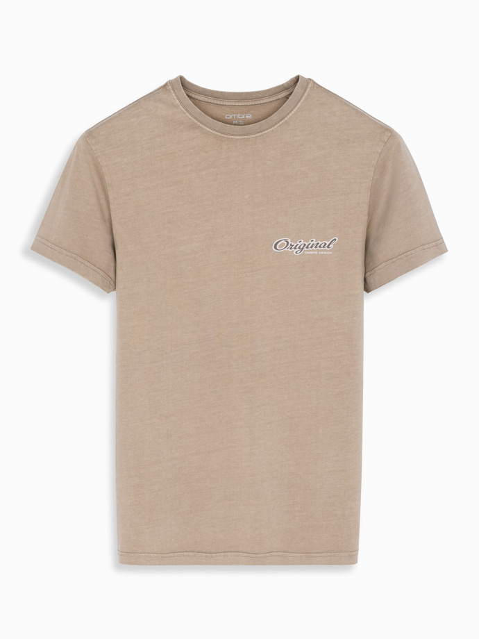 Cotton T-shirt with print on chest and back - dark beige V2 OM-TSWT-0201