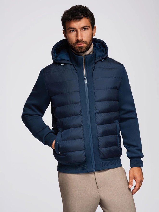 Quilted bomber jacket with hood and knitted sleeves - navy blue V2 OM-JALP-0298