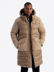 Men's long quilted jacket with large pockets - beige V2 OM-JALJ-0165