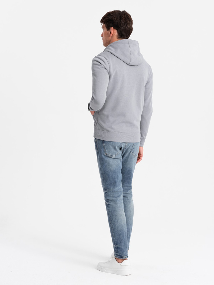 Men's unbuttoned sweatshirt with hood and patch - grey V1 OM-SSZP-0140