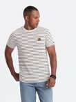 Men's striped t-shirt with patch by Ombre Design - cream and black V1 OM-TSCT-0183