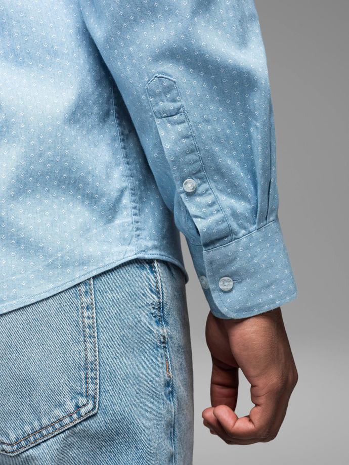 Pánska vzorovaná jemná džínsová košeľa s vreckom - svetlomodrá V1 OM-SHDS-0179