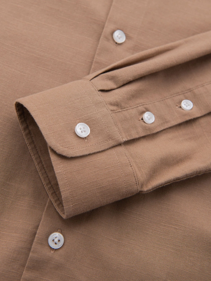 Men's linen shirt with stand-up collar and pocket REGULAR FIT - light brown V7 OM-SHCS-0161