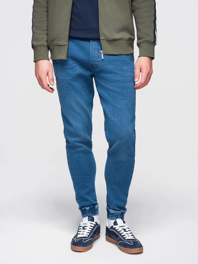 Men's denim jogger pants with drawstring waist - blue V1 OM-PADJ-0242