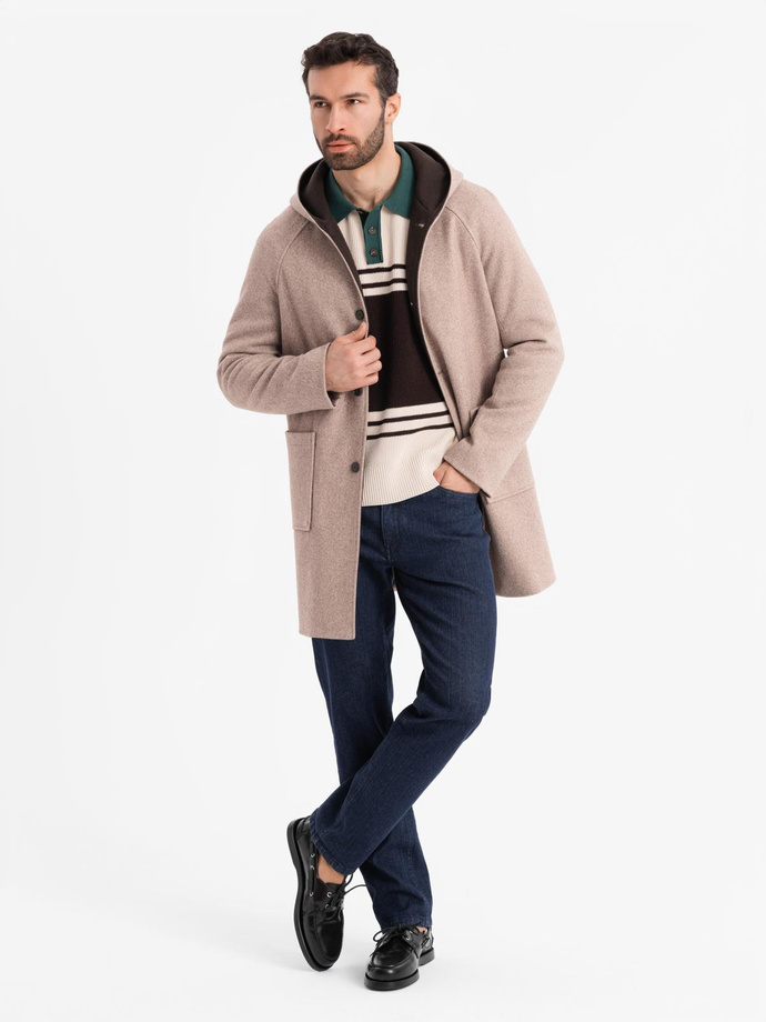 Melange long men's hooded coat - beige V2 OM-COWC-0122