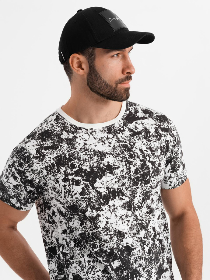 Tricou cu mânecă scurtă din bumbac cu model pentru bărbați - alb și negru V2 OM-TSFP-0223