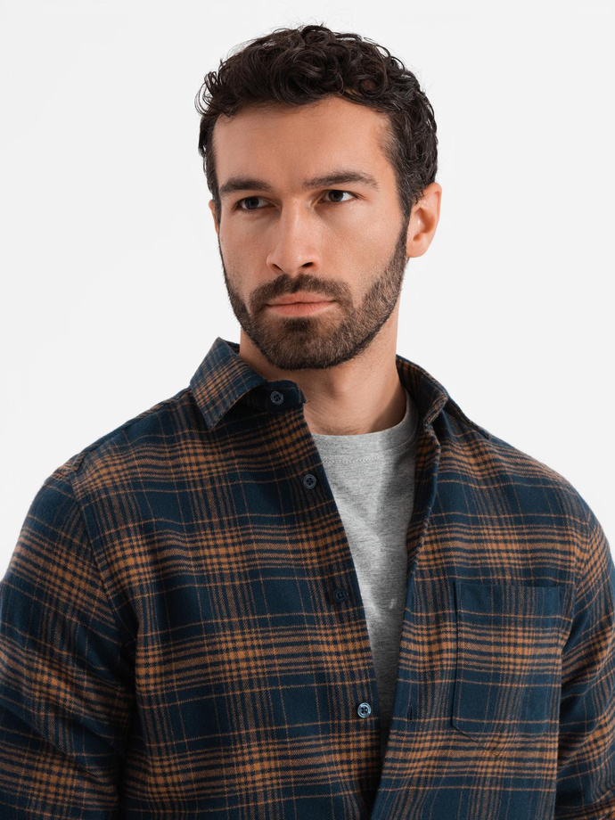 Men's checkered flannel shirt - navy blue and orange V7 OM-SHCS