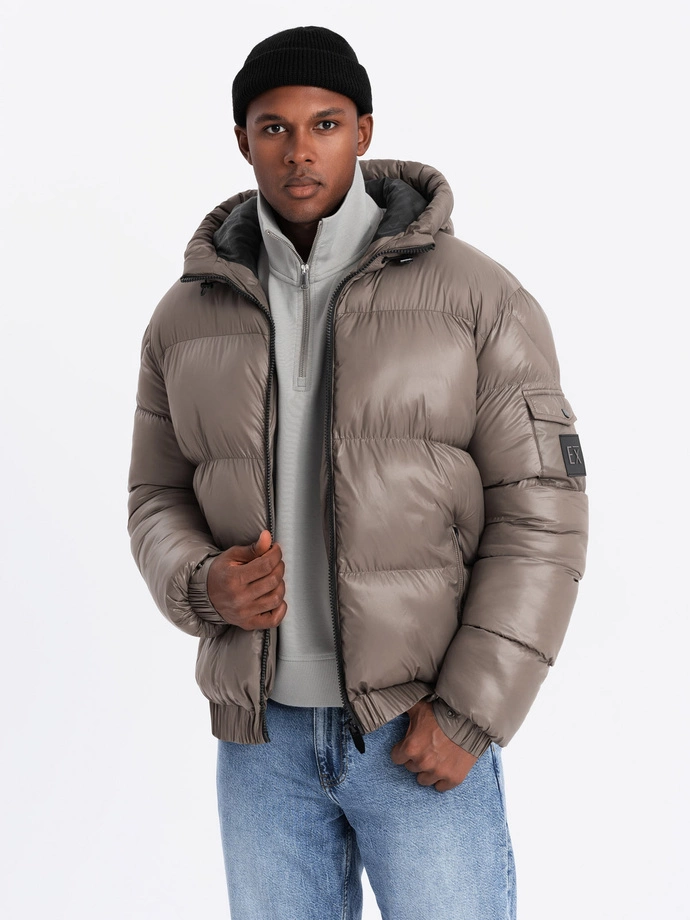 Warm men's puffer jacket with welts - dark beige V3 OM-JAHP-0207