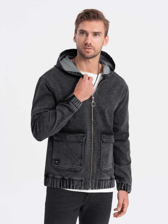 Jachetă katana din denim pentru bărbați cu buzunare cargo și glugă - negru V4 C558