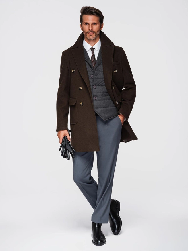 Men's coat with asymmetrical fastening and high collar - light brown V4 OM-COWC-0120