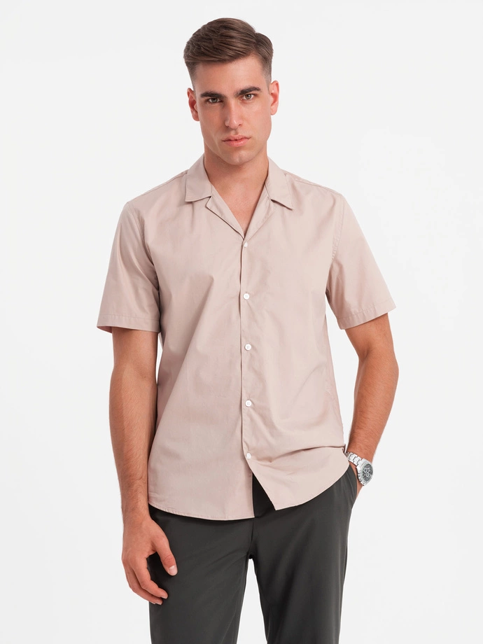 Men's short sleeve shirt with Cuban collar - light brown V6 OM-SHSS-0168