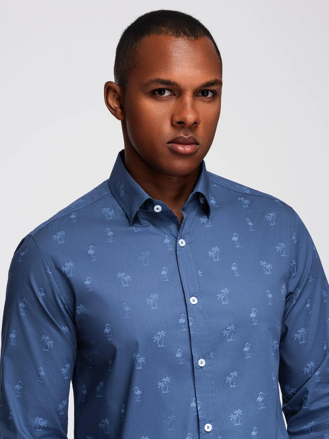 Klasická pánska bavlnená košeľa SLIM FIT s palmami - tmavomodrá V5 OM-SHCS-0156