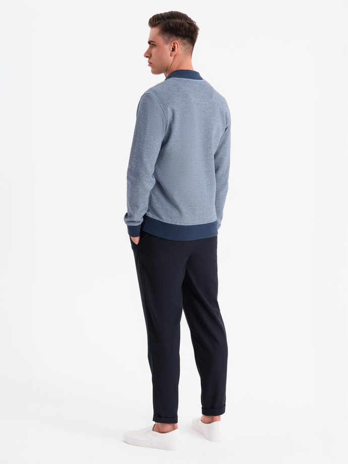 Men's pique knit bomber sweatshirt - navy blue V2 OM-SSZP-0238