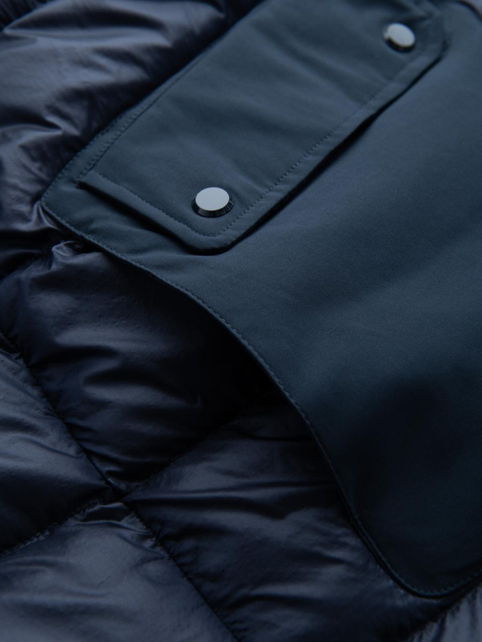 Men's quilted long jacket with large pockets - navy blue V4 OM-JALJ-0165