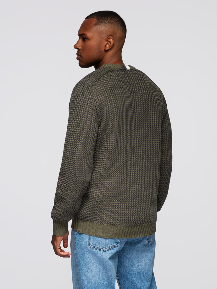 Men's contrast weave sweater with round neckline - dark olive V2 OM-SWSW-0122