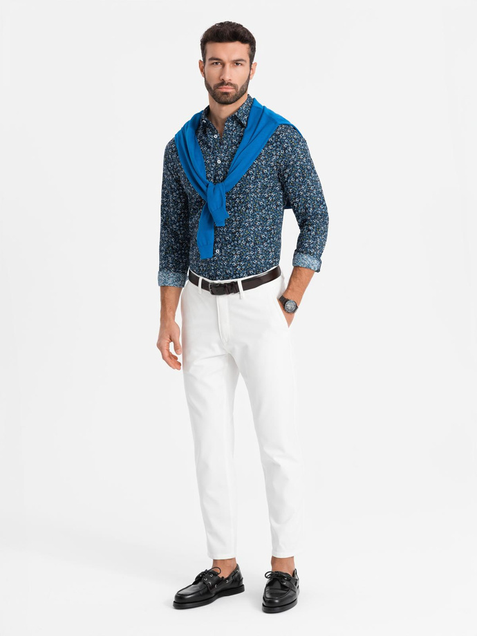 Men's SLIM FIT patterned cotton shirt - dark blue V1 OM-SHCS-0151